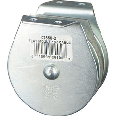 Block Division - 685 Lbs. Load Limit, Flat Standard Block - Upright Mount, Double Sheave, 2-1/2 Inch Outside Diameter, Wire Rope, 1/4 Inch Diameter, Eye, 7/8 Inch Inside Diameter, Carbon Steel, Zinc Plated Finish - Exact Tooling