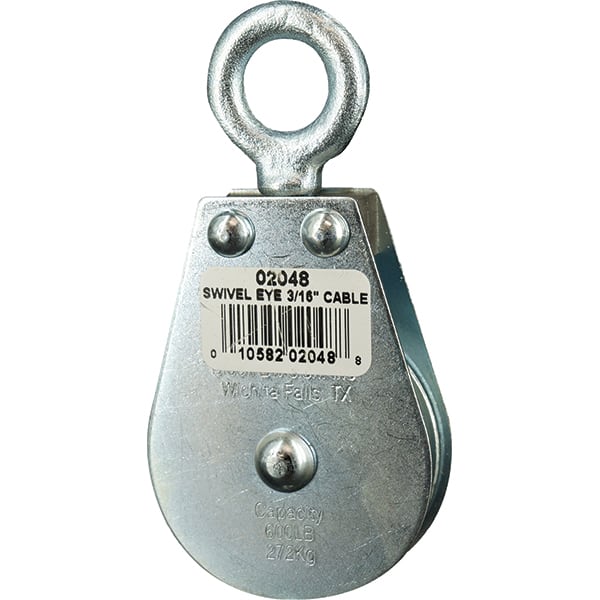 Block Division - 600 Lbs. Load Limit, Swivel Eye Standard Block - Single Sheave, 2 Inch Outside Diameter, Wire Rope, 3/16 Inch Diameter, Eye, 5/8 Inch Inside Diameter, Carbon Steel, Zinc Plated Finish - Exact Tooling