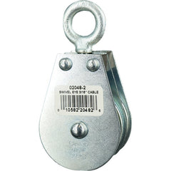 Block Division - 600 Lbs. Load Limit, Swivel Eye Standard Block - Double Sheave, 2 Inch Outside Diameter, Wire Rope, 3/16 Inch Diameter, Eye, 5/8 Inch Inside Diameter, Carbon Steel, Zinc Plated Finish - Exact Tooling