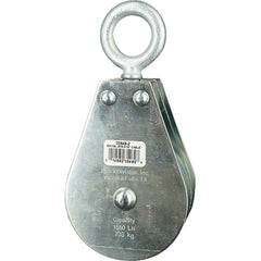 Block Division - 1, 550 Lbs. Load Limit, Swivel Eye Standard Block - Double Sheave, 3-1/2 Inch Outside Diameter, Wire Rope, 5/16 Inch Diameter, Eye, 1-3/16 Inch Inside Diameter, Carbon Steel, Zinc Plated Finish - Exact Tooling
