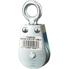 Block Division - 525 Lbs. Load Limit, Swivel Eye Snatch Block - Single Sheave, 1-1/2 Inch Outside Diameter, Wire Rope, 3/16 Inch Diameter, Eye, 5/8 Inch Inside Diameter, Carbon Steel, Zinc Plated Finish - Exact Tooling