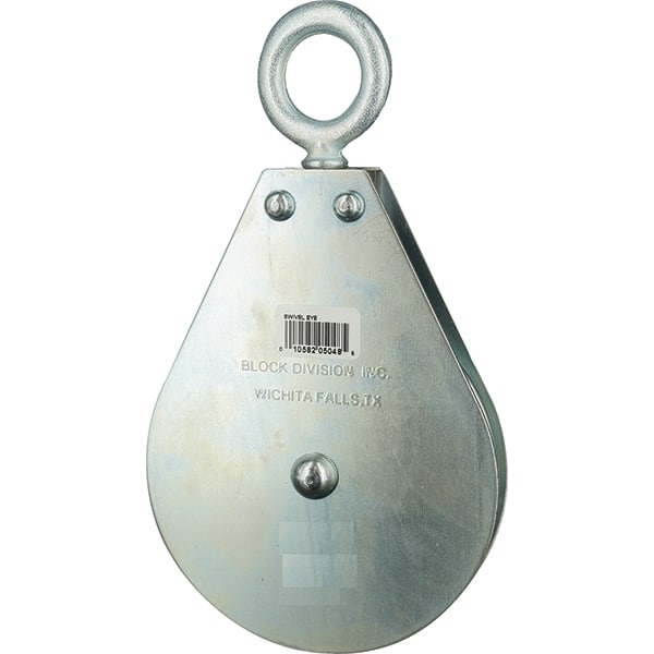Block Division - 640 Lbs. Load Limit, Swivel Eye Snatch Block - Single Sheave, 3 Inch Outside Diameter, Wire Rope, 1/4 Inch Diameter, Eye, 7/8 Inch Inside Diameter, Carbon Steel, Zinc Plated Finish - Exact Tooling