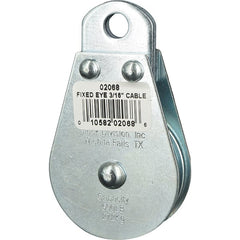 Block Division - 600 Lbs. Load Limit, Rigid Eye Block - Single Sheave, 2 Inch Outside Diameter, Wire Rope, 3/16 Inch Diameter, Eye, 3/8 Inch Inside Diameter, Carbon Steel, Zinc Plated Finish - Exact Tooling