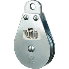 Block Division - 685 Lbs. Load Limit, Rigid Eye Block - Single Sheave, 2-1/2 Inch Outside Diameter, Wire Rope, 1/4 Inch Diameter, Eye, 3/8 Inch Inside Diameter, Carbon Steel, Zinc Plated Finish - Exact Tooling
