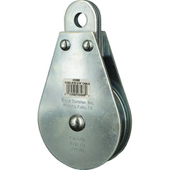 Block Division - 1, 550 Lbs. Load Limit, Rigid Eye Block - Single Sheave, 3-1/2 Inch Outside Diameter, Wire Rope, 5/16 Inch Diameter, Eye, 9/16 Inch Inside Diameter, Carbon Steel, Zinc Plated Finish - Exact Tooling