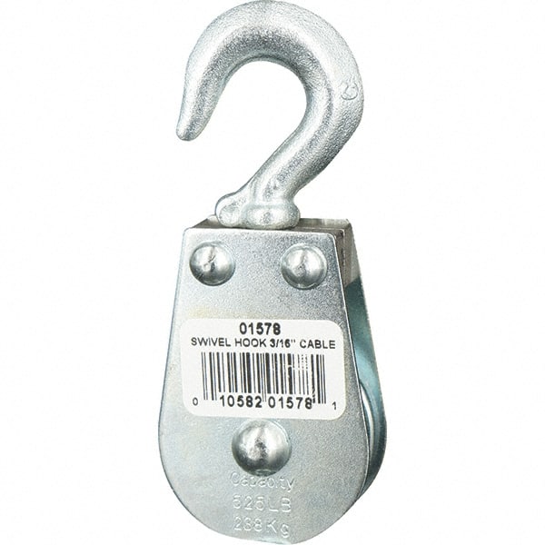 Block Division - 525 Lbs. Load Limit, Swivel Hook Block - Single Sheave, 1-1/2 Inch Outside Diameter, Wire Rope, 3/16 Inch Diameter, Eye, 3/8 Inch Inside Diameter, Carbon Steel, Zinc Plated Finish - Exact Tooling