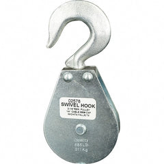 Block Division - 685 Lbs. Load Limit, Swivel Hook Block - Single Sheave, 2-1/2 Inch Outside Diameter, Wire Rope, 1/4 Inch Diameter, Eye, 3/8 Inch Inside Diameter, Carbon Steel, Zinc Plated Finish - Exact Tooling