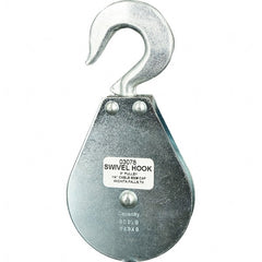 Block Division - 800 Lbs. Load Limit, Swivel Hook Block - Single Sheave, 3 Inch Outside Diameter, Wire Rope, 1/4 Inch Diameter, Eye, 3/8 Inch Inside Diameter, Carbon Steel, Zinc Plated Finish - Exact Tooling