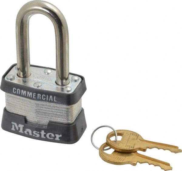 Master Lock - 1-1/2" Shackle Clearance, Keyed Different Padlock - 5/8" Shackle Width, 9/32" Shackle Diam, Laminated Steel - Exact Tooling
