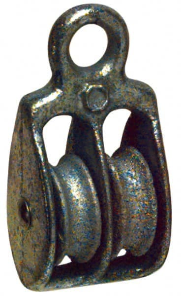 Value Collection - Rigid Eye Double Sheave Pulley - Sheave, 1-1/2 Inch Outside Diameter, Fibrous Rope, 3/8 Inch Diameter, Malleable Iron, Galvanized Finish - Exact Tooling
