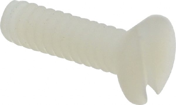 Made in USA - #6-32 UNC, 1/2" OAL Slotted Drive Machine Screw - Flat Head, Grade 6/6 Nylon, Uncoated, Without Washer - Exact Tooling
