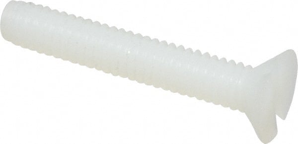 Made in USA - #8-32 UNC, 1" OAL Slotted Drive Machine Screw - Flat Head, Grade 6/6 Nylon, Uncoated, Without Washer - Exact Tooling