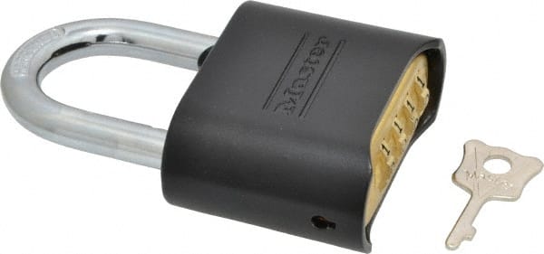 Master Lock - 2" Body Width, 1" Shackle Clearance, Black Die Cast Combination Lock - 5/16" Shackle Diam - Exact Tooling