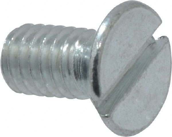 Value Collection - M4x0.70, 8mm OAL Slotted Drive Machine Screw - Flat Head, Grade 4.8 Steel, Zinc-Plated Finish, Without Washer - Exact Tooling