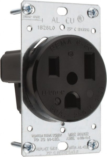 Leviton - 250 VAC, 50 Amp, 6-50P NEMA Configuration, Black, Industrial Grade, Self Grounding Single Receptacle - 1 Phase, 2 Poles, 3 Wire, Flush Mount, Tamper Resistant - Exact Tooling