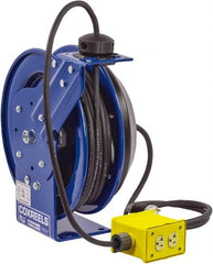 CoxReels - 12 AWG, 75' Cable Length, Cord & Cable Reel with Quad Outlet End - 4 Outlets, NEMA 5-20R, 20 Amps, 115 Volts, SJO Cable, Blue Reel, Spring Driven Reel - Exact Tooling