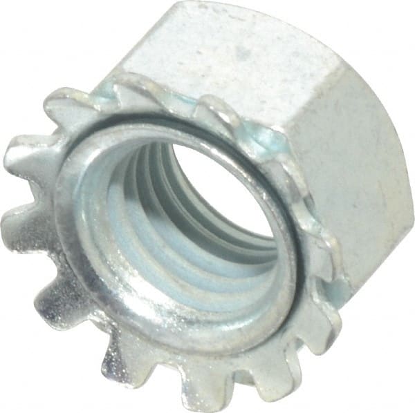 Value Collection - 5/16-24, Zinc Plated, Steel Hex Nut with External Tooth Washer - 0.61" Washer Diam, 1/2" Width Across Flats, ASME B18.21.1 Fastner Standard, Rockwell C40 to C50 Hardness, Grade SAE 1050 - Exact Tooling