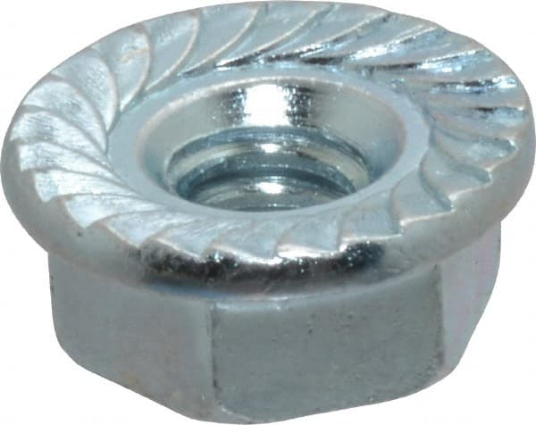 Value Collection - #10-24, 1/2" Flange Diam, Serrated Flange Nut - Grade Grade 2 Steel, Zinc-Plated Finish, 7/32" Flange Height - Exact Tooling