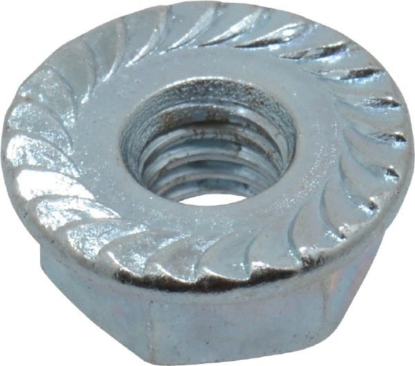 Value Collection - #10-32, 1/2" Flange Diam, Serrated Flange Nut - Grade Grade 2 Steel, Zinc-Plated Finish, 7/32" Flange Height - Exact Tooling
