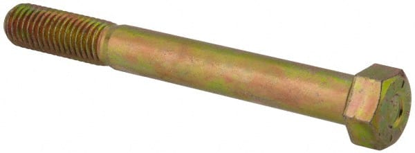 Made in USA - 9/16-12 UNC, 5" Length Under Head Hex Head Cap Screw - Partially Threaded, Grade L9 Alloy Steel, Zinc Yellow Dichromate Finish, 13/16" Hex - Exact Tooling