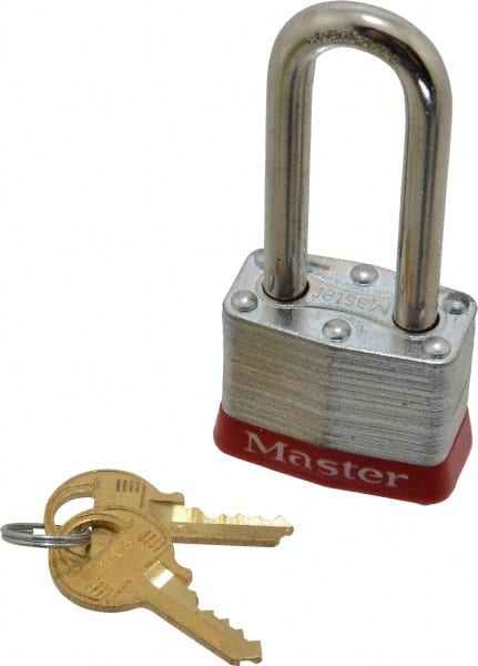 Master Lock - Keyed Alike Retaining Key Conductive Lockout Padlock - 2" Shackle Clearance, 9/32" Shackle Diam, 1-1/4" Body Height x 1-9/16" Body Width, Red, 4 Pins - Exact Tooling