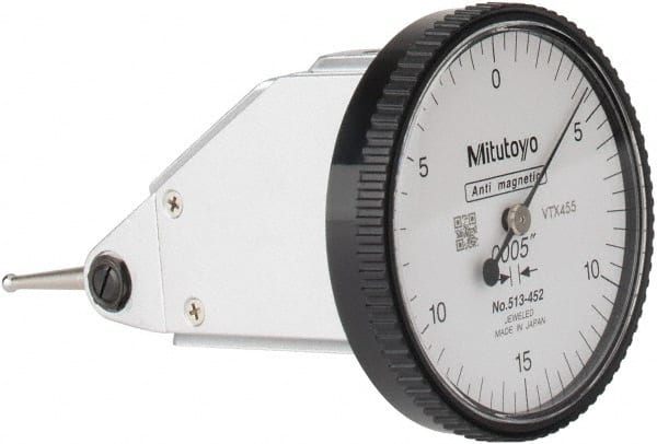 Mitutoyo - 0.03 Inch Range, 0.0005 Inch Dial Graduation, Vertical Dial Test Indicator - 1.5748 Inch White Dial, 0-15-0 Dial Reading, Accurate to 0.0005 Inch - Exact Tooling