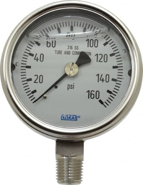 Wika - 2-1/2" Dial, 1/4 Thread, 0-160 Scale Range, Pressure Gauge - Lower Connection Mount, Accurate to 2-1-2% of Scale - Exact Tooling