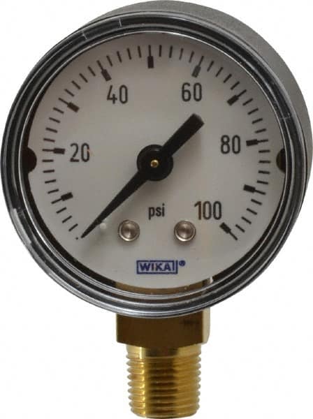 Wika - 1-1/2" Dial, 1/8 Thread, 0-100 Scale Range, Pressure Gauge - Lower Connection Mount, Accurate to 3-2-3% of Scale - Exact Tooling