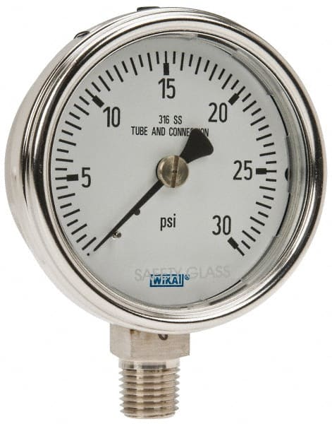 Wika - 2-1/2" Dial, 1/4 Thread, 0-30 Scale Range, Pressure Gauge - Lower Connection Mount, Accurate to 2-1-2% of Scale - Exact Tooling