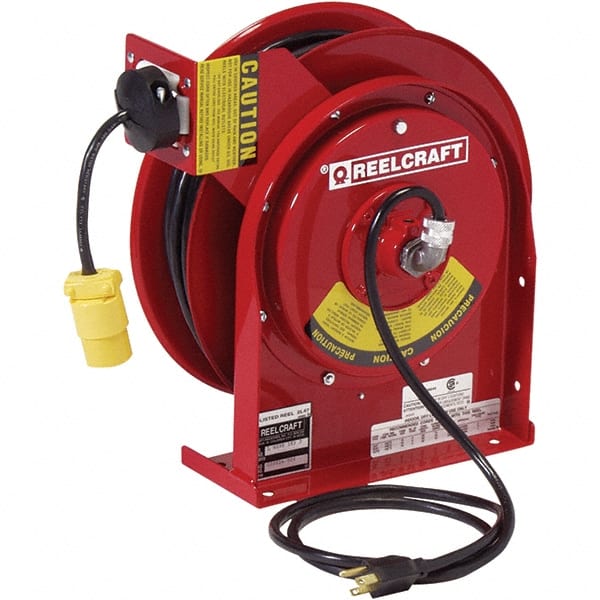 Reelcraft - 16 AWG, 50' Cable Length, Cord & Cable Reel with Single Nema 5-15 End - 1 Outlet, NEMA 4, 13 Amps, 125 Volts, SJTOW Cable, Red Reel, Spring Driven Reel - Exact Tooling