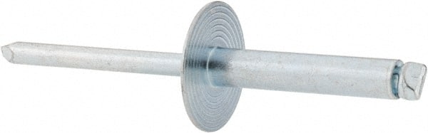 RivetKing - Size 612 Large Flange Dome Head Steel Open End Blind Rivet - Steel Mandrel, 0.626" to 3/4" Grip, 5/8" Head Diam, 0.192" to 0.196" Hole Diam, 0.95" Length Under Head, 3/16" Body Diam - Exact Tooling