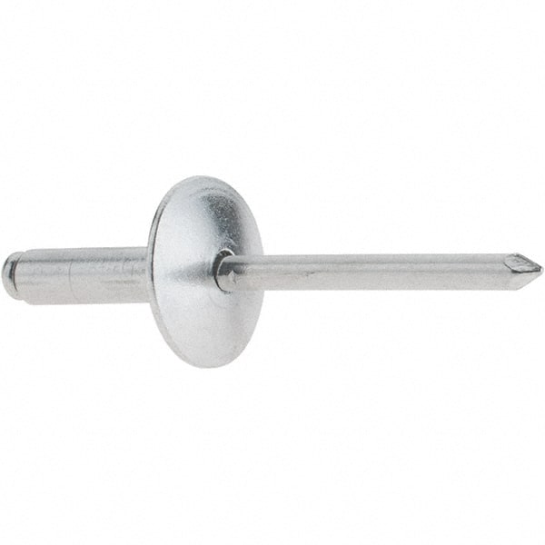 RivetKing - Size 68 Large Flange Dome Head Aluminum Open End Blind Rivet - Aluminum Mandrel, 0.376" to 1/2" Grip, 5/8" Head Diam, 0.192" to 0.196" Hole Diam, 0.7" Length Under Head, 3/16" Body Diam - Exact Tooling