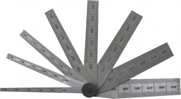 SPI - 0.1 to 0.5 Inch Measurement, 8 Leaf Taper Gage - 2-1/2 Inch Long, Tempered Steel, 0.001 Inch Graduation - Exact Tooling