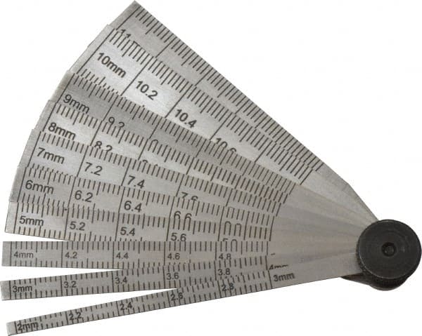 SPI - 2 to 12mm Measurement, 10 Leaf Taper Gage - 64mm Long, Tempered Steel, 0.02mm Graduation - Exact Tooling