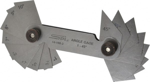 SPI - 20 Piece Spring Steel Angle Gage Set - 1 to 45° Primary Angle - Exact Tooling