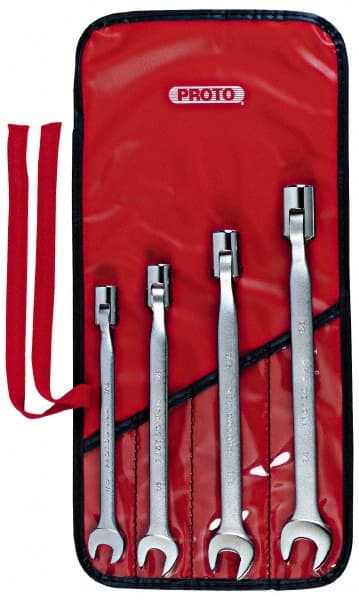 Proto - 4 Piece, 7/16" to 5/8", 12 Point Flex Head Combination Wrench Set - Inch Measurement Standard, Satin Finish, Comes in Nylon Roll - Exact Tooling