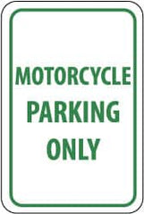 NMC - "Motorcycle Parking Only", 12" Wide x 18" High, Aluminum Reserved Parking Signs - 0.063" Thick, Green on White, Rectangle, Post Mount - Exact Tooling