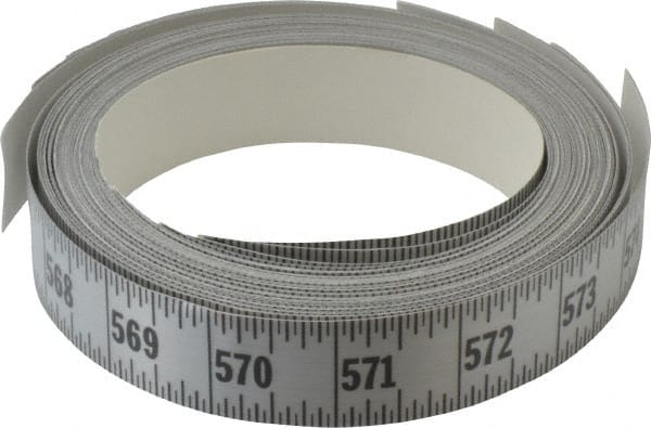 Made in USA - 48 Ft. Long x 1 Inch Wide, 1/16 Inch Graduation, Silver, Mylar Adhesive Tape Measure - Reads Left to Right, Horizontal Scale - Exact Tooling
