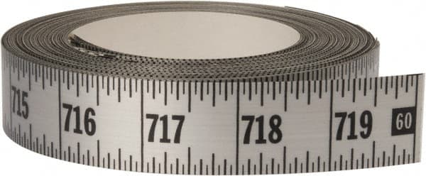 Made in USA - 60 Ft. Long x 1 Inch Wide, 1/16 Inch Graduation, Silver, Mylar Adhesive Tape Measure - Reads Left to Right, Horizontal Scale - Exact Tooling