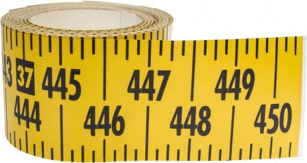Made in USA - 45 Ft. Long x 3 Inch Wide, 1/4 Inch Graduation, Yellow, Mylar Adhesive Tape Measure - Reads Left to Right, Horizontal Scale - Exact Tooling