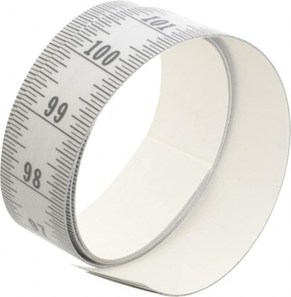 Made in USA - 9 Ft. Long x 1-1/4 Inch Wide, 1/16 Inch Graduation, Silver, Mylar Adhesive Tape Measure - Reads Bottom to Top, Vertical Rules - Exact Tooling