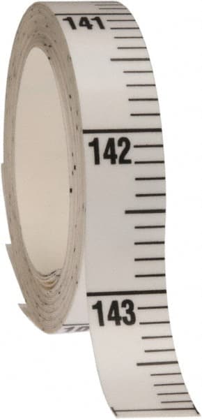 Made in USA - 12 Ft. Long x 1/2 Inch Wide, 1/10 Inch Graduation, White, Mylar Adhesive Tape Measure - Reads Top to Bottom, Vertical Rules - Exact Tooling