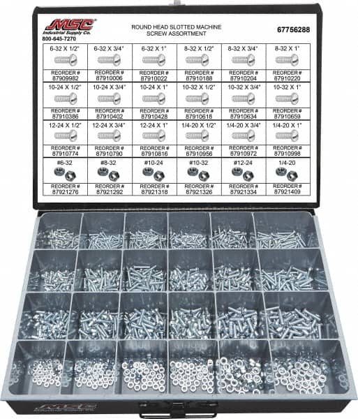 Value Collection - 1,200 Piece, #6-32 to 1/4-20, Steel Machine Screw Assortment - Round Head, Slotted Drive, 1/2 to 1" Long, Grade 2 - Exact Tooling