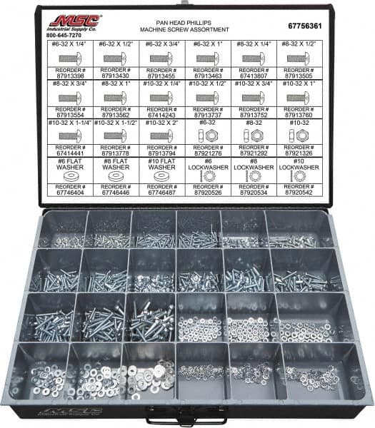 Value Collection - 1,200 Piece, #6-32 to #10-32, Steel Machine Screw Assortment - Pan Head, Phillips Drive, 1/4 to 2" Long, Grade 2 - Exact Tooling