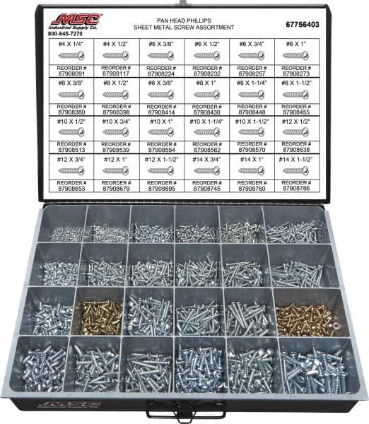 Value Collection - 2,000 Piece, #4x1/4 to #10 x 1-1/4, Steel Sheet Metal Screw Assortment - Pan Head, Phillips Drive, 1/4 to 1-1/2" Long, Grade 2 - Exact Tooling