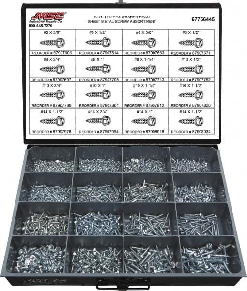 Value Collection - 1,350 Piece, #6x3/8 to #14 x 1-1/2, Steel Sheet Metal Screw Assortment - Hex Washer Head, Slotted Drive, 3/8 to 1-1/2" Long, Grade 2 - Exact Tooling