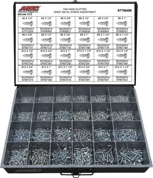 Value Collection - 2,000 Piece, #4x1/4 to #10 x 1-1/4, Steel Sheet Metal Screw Assortment - Pan Head, Slotted Drive, 1/4 to 1-1/2" Long, Grade 2 - Exact Tooling