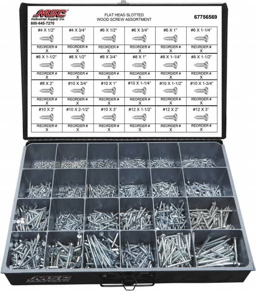 Value Collection - 2,400 Piece, #4x1/2 to #10 x 1-1/4, Steel Wood Screw Assortment - Flat Head, Slotted Drive, 1/2 to 3" Long, Grade 2 - Exact Tooling