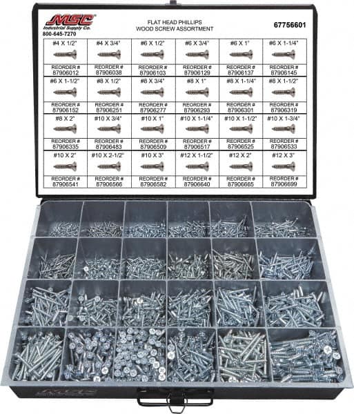 Value Collection - 2,400 Piece, #4x1/2 to #10 x 1-1/4, Steel Wood Screw Assortment - Flat Head, Phillips Drive, 1/2 to 3" Long, Grade 2 - Exact Tooling