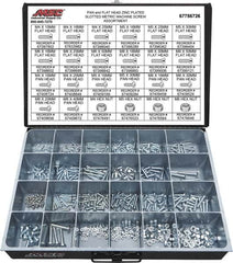 Value Collection - 590 Piece, M4x10.00 to M8x50.00, Steel Machine Screw Assortment - Flat & Pan Head, Slotted Drive, 10 to 50mm Long, Grade 2 - Exact Tooling